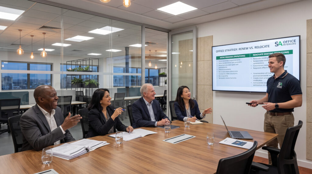sa office interiors salesman presenting for and against moving offices.
